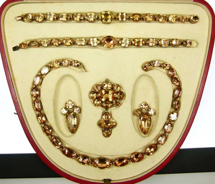 Antique golden yellow topaz suite comprising a necklace, a pair of earrings and a pair of bracelets